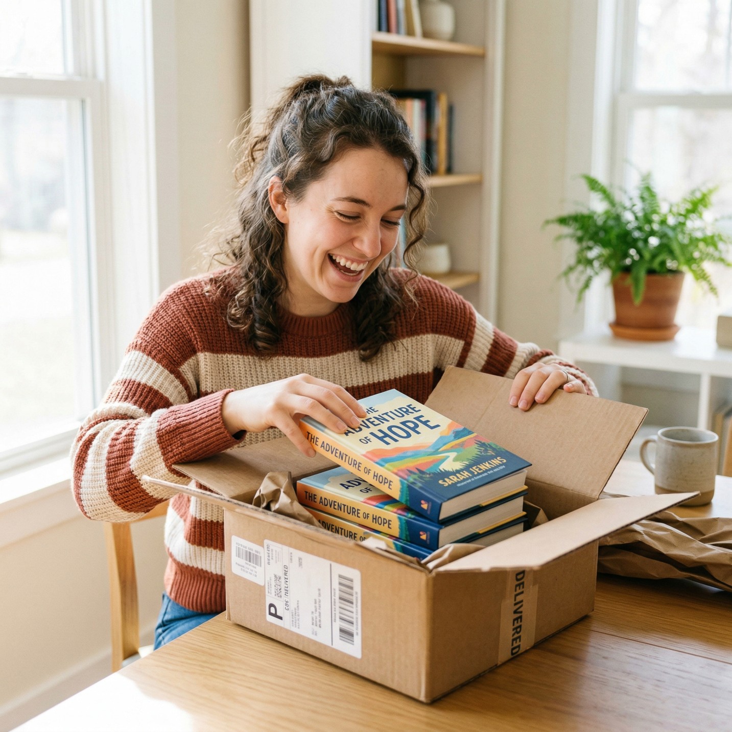 Author excitedly opening a box of freshly printed books