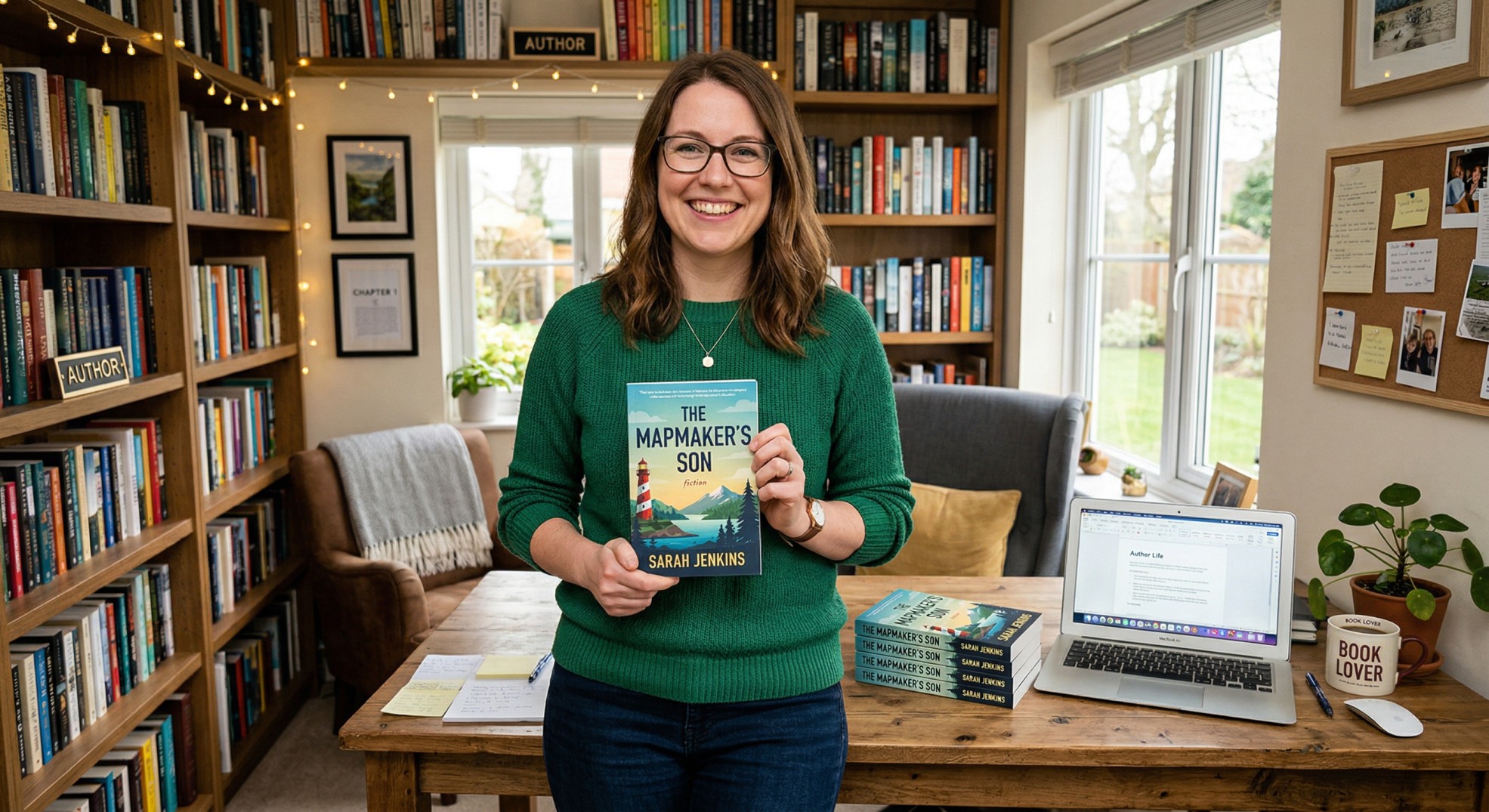 Self-published author smiling and holding a freshly printed perfect bound paperback novel in a cozy home office with a stack of matching copies on the desk