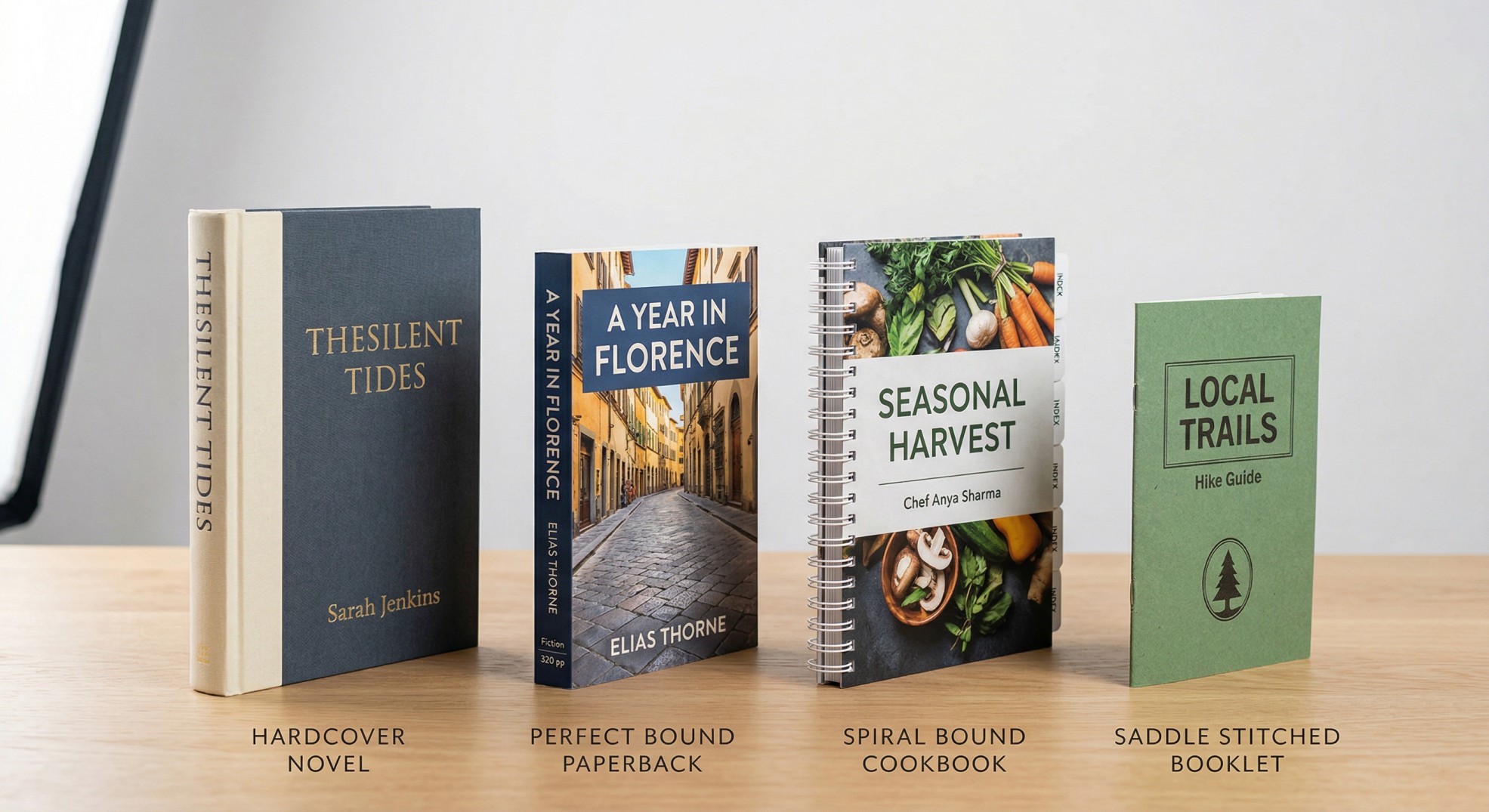 Comparison of four book binding types side by side - hardcover novel, perfect bound paperback, spiral bound cookbook, and saddle stitched booklet