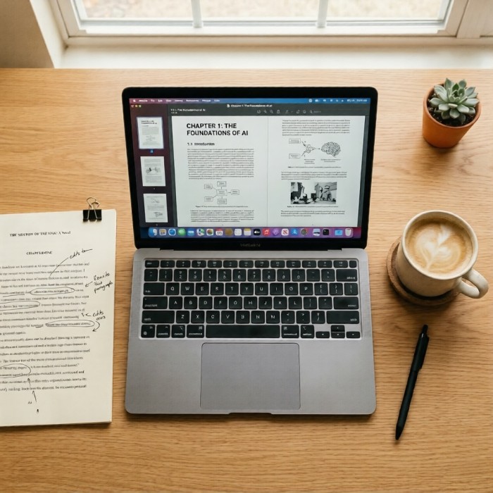 Laptop with PDF document and manuscript on desk