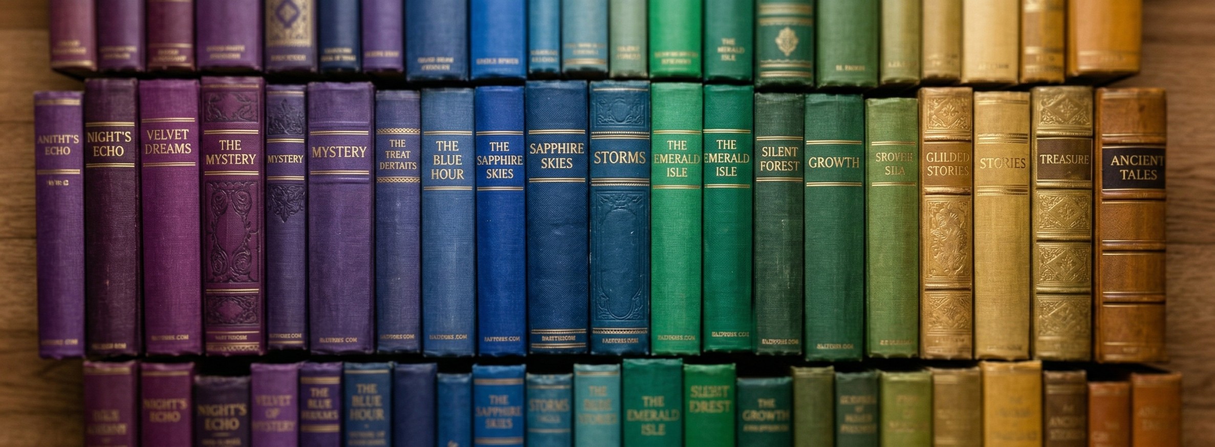 Colorful book spines arranged in a gradient pattern