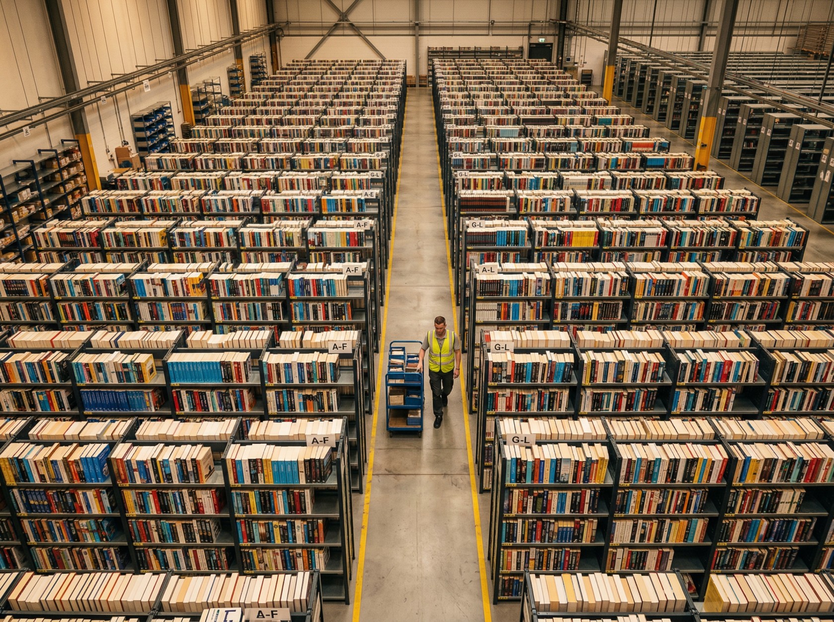 Overhead shot of book warehouse with neatly arranged rows of printed books