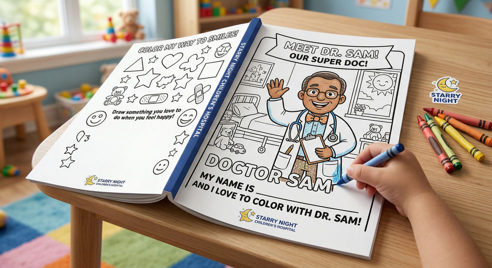 A branded custom coloring book for a children's hospital open to a page showing a friendly cartoon doctor