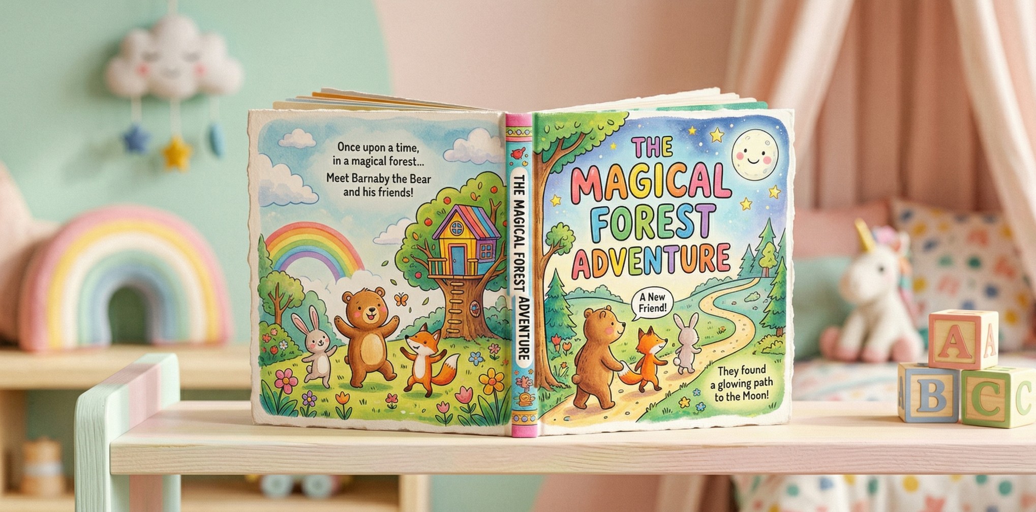 Colorful children's picture book with bright illustrations in a playful setting