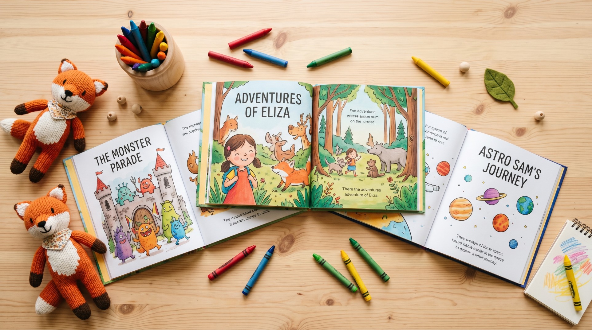 Three custom printed children's picture books open on a wooden surface surrounded by crayons and stuffed foxes