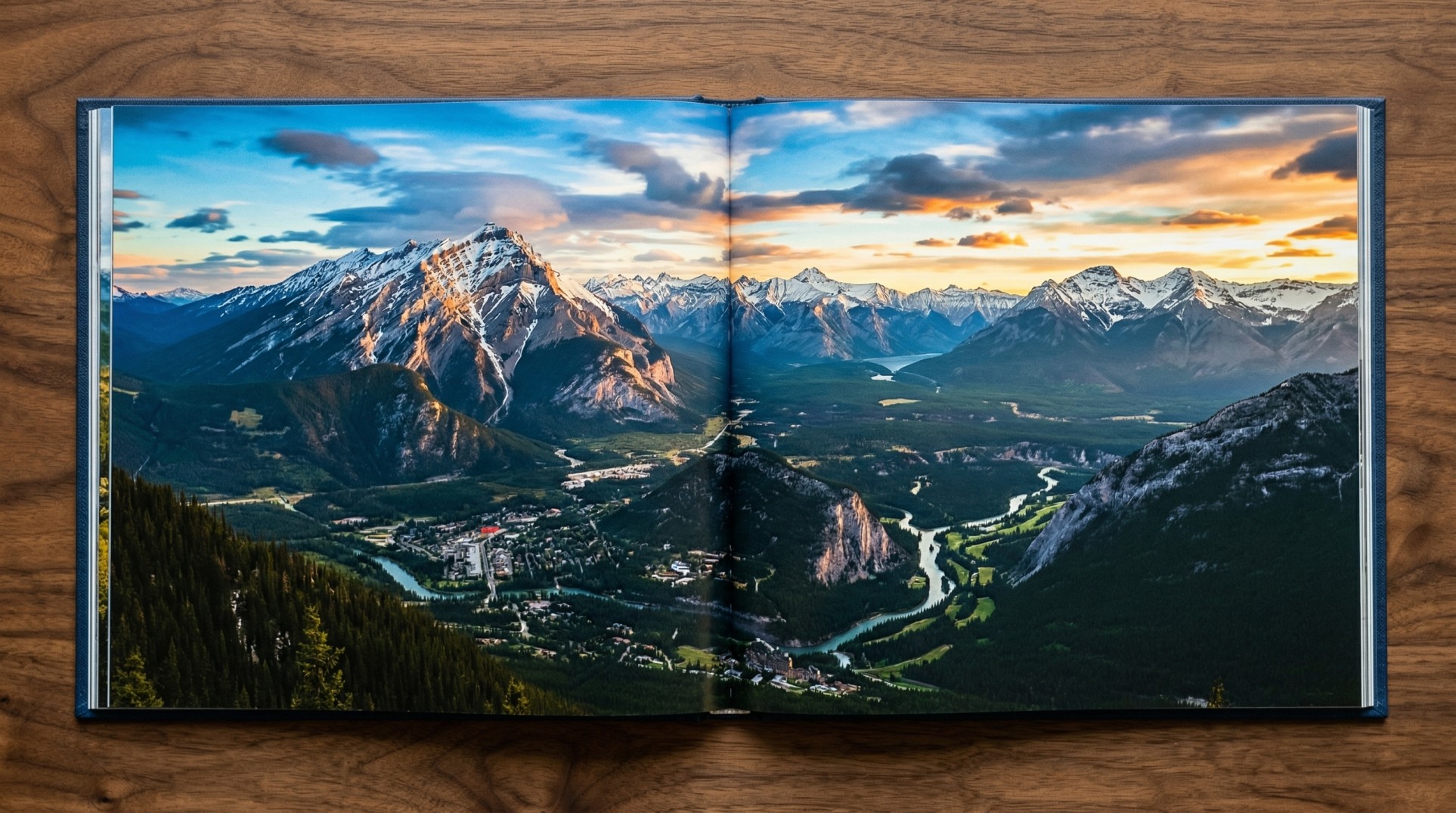 Open hardcover coffee table book on a walnut surface showing a full-bleed double-page mountain landscape on glossy heavyweight paper