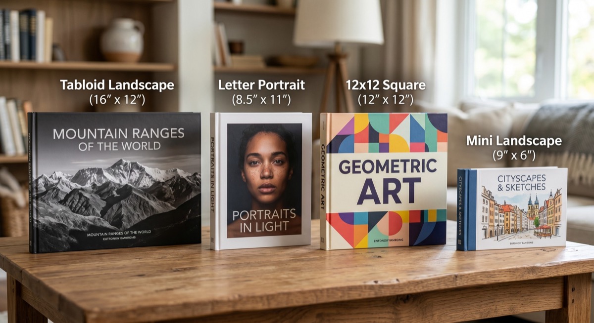 Four coffee table book sizes side by side — tabloid landscape, letter portrait, 12x12 square, and mini landscape formats
