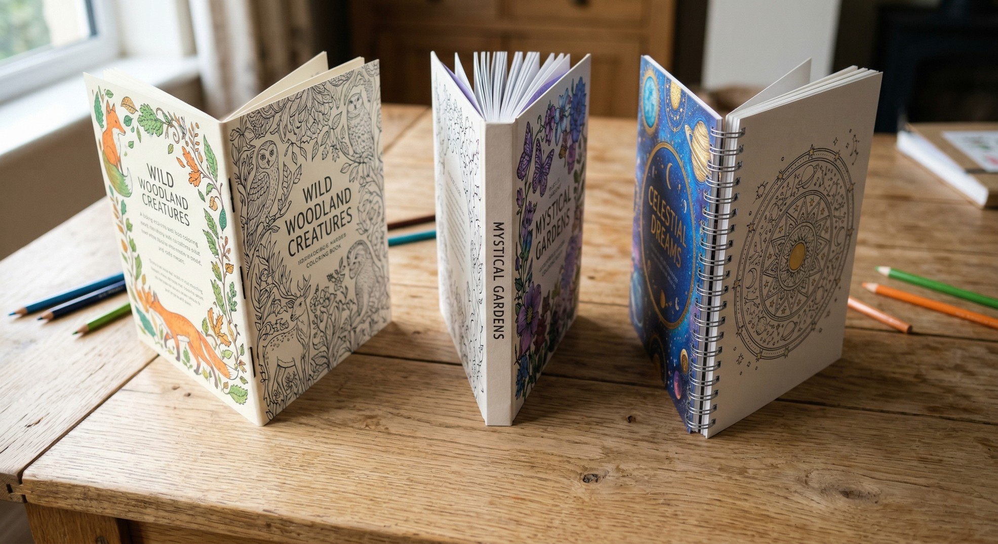 Three coloring books side by side showing saddle stitch, perfect bound, and spiral bound bindings