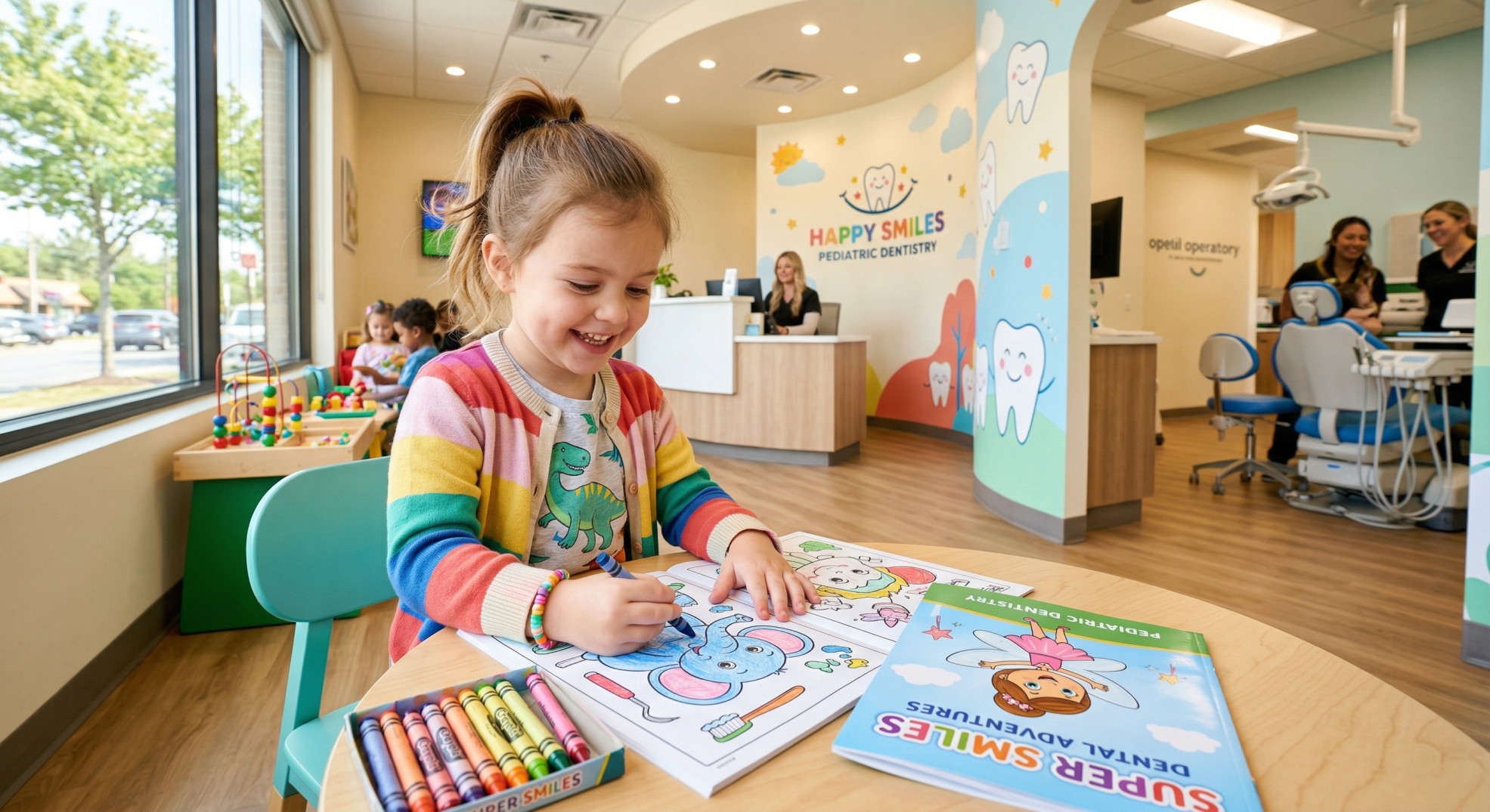 A child happily coloring in a branded coloring book at a pediatric dental office