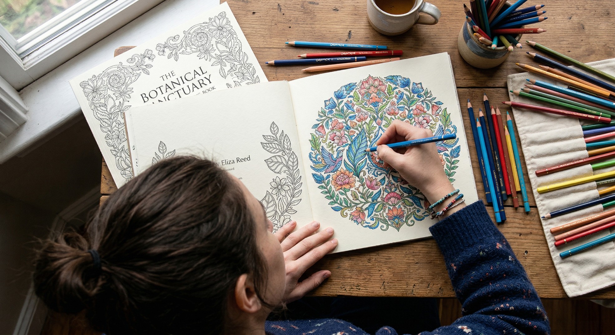 Overhead shot of someone coloring in a custom coloring book with high-quality colored pencils