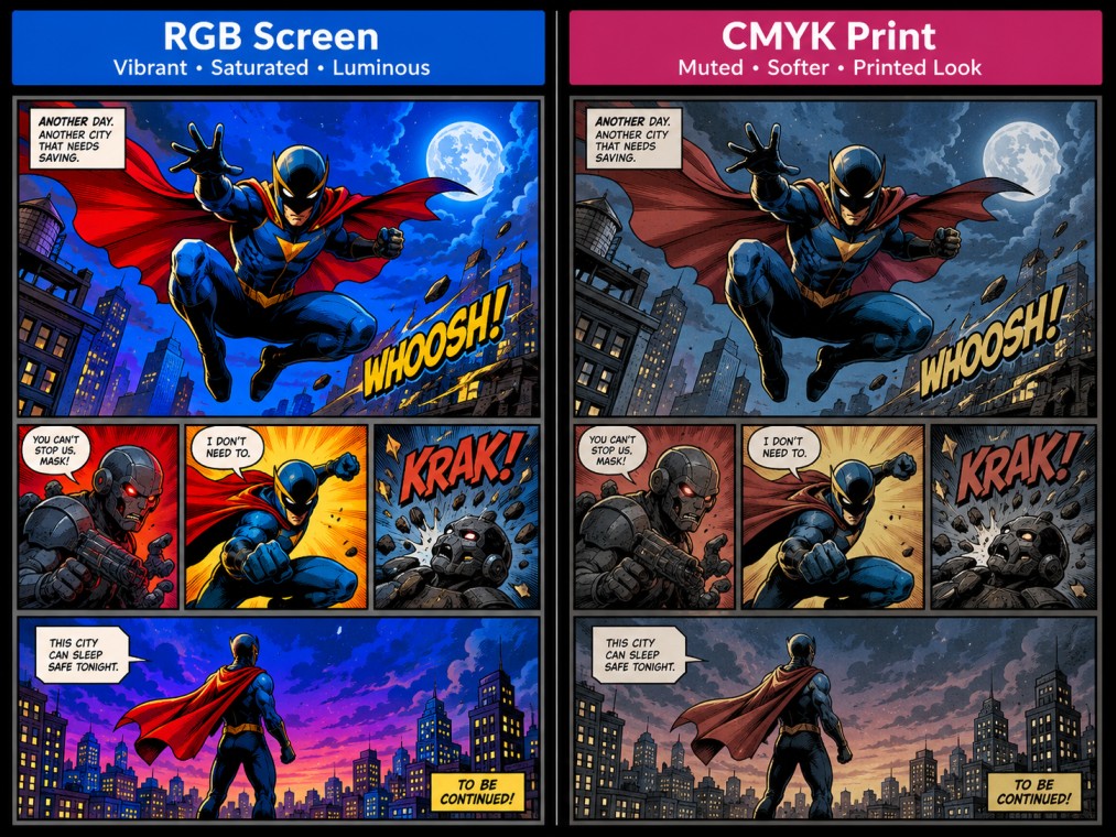 Split-screen RGB versus CMYK comic panel comparison showing how vivid screen colors shift when printed