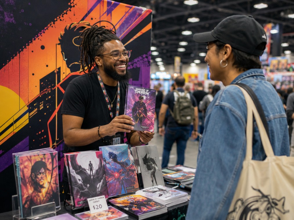 Indie comic creator selling printed comic books at a convention booth