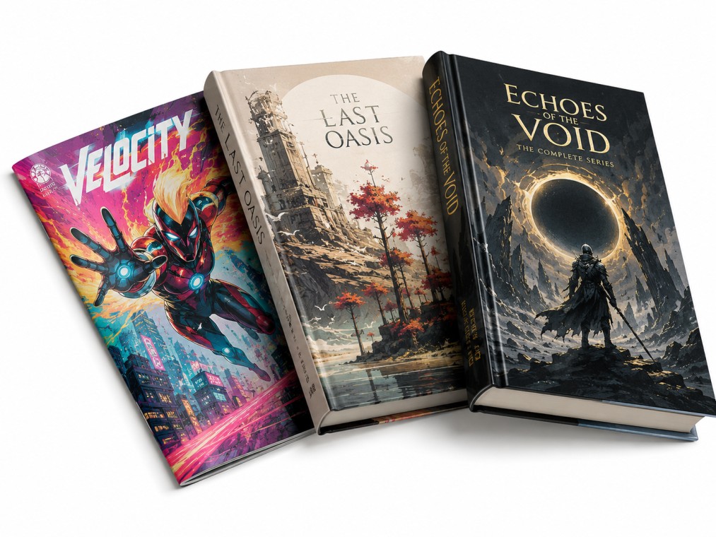 Three custom-printed comic books fanned out on a white background: a saddle stitch floppy, a perfect bound graphic novel, and a hardcover collected edition
