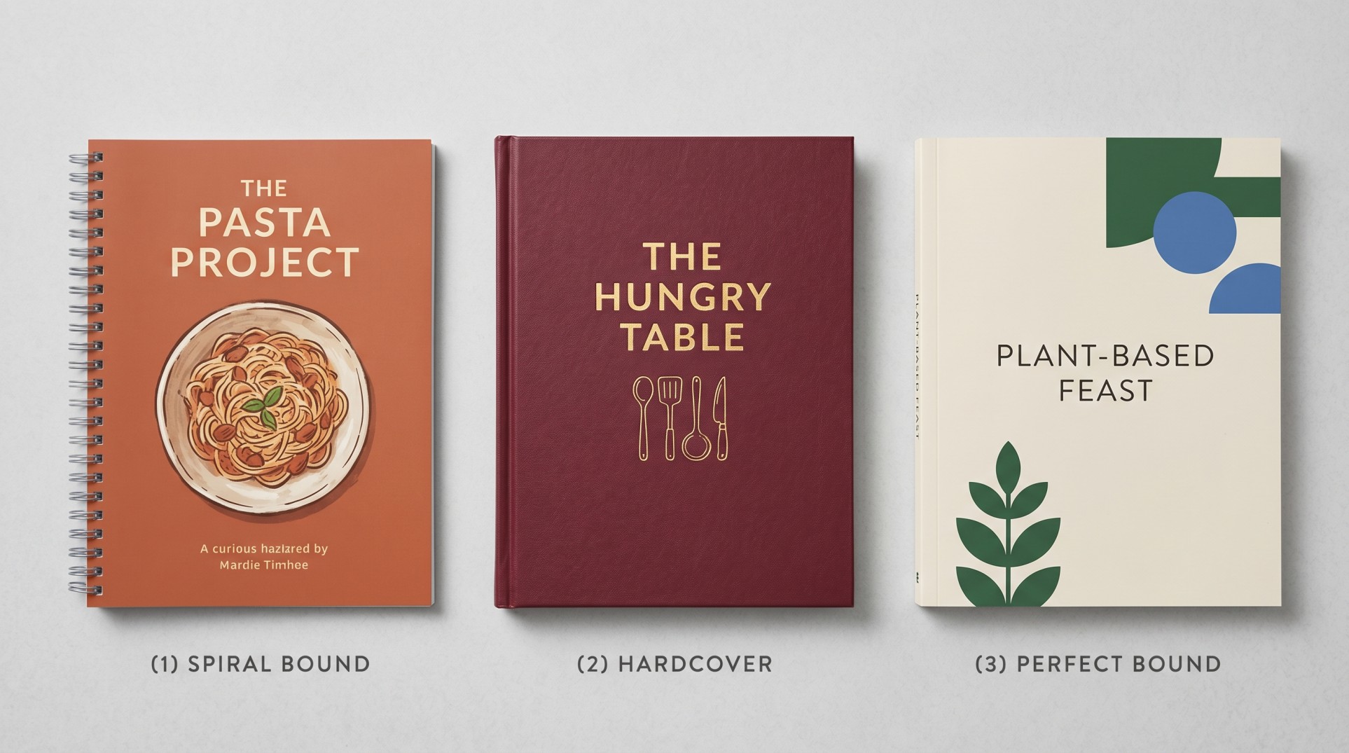 Three custom cookbooks side by side showing spiral bound, hardcover, and perfect bound binding types