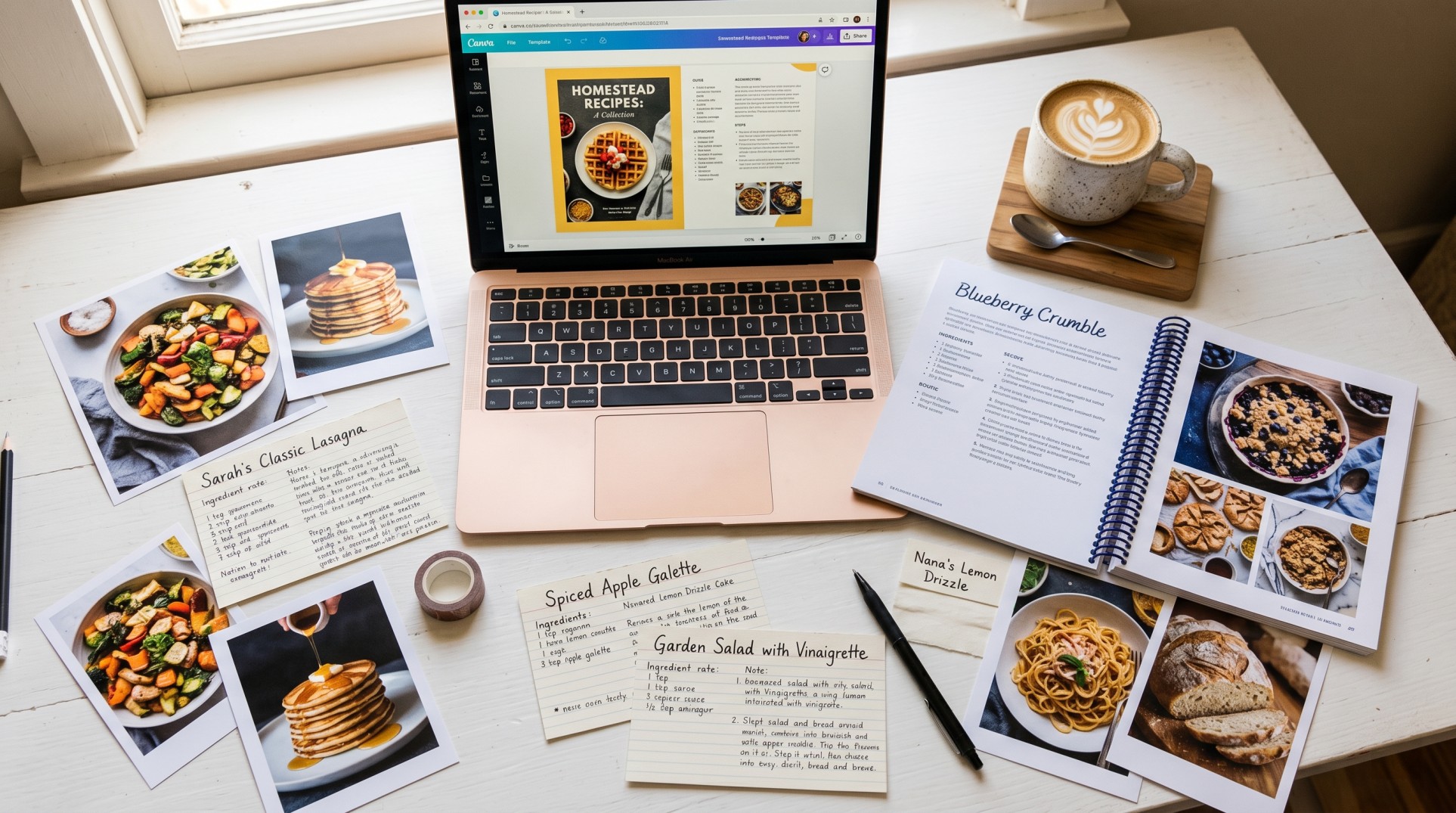 Cookbook creation process flat-lay with a laptop showing a Canva cookbook template, printed spiral bound proof, handwritten recipe cards, food photos, and a coffee cup