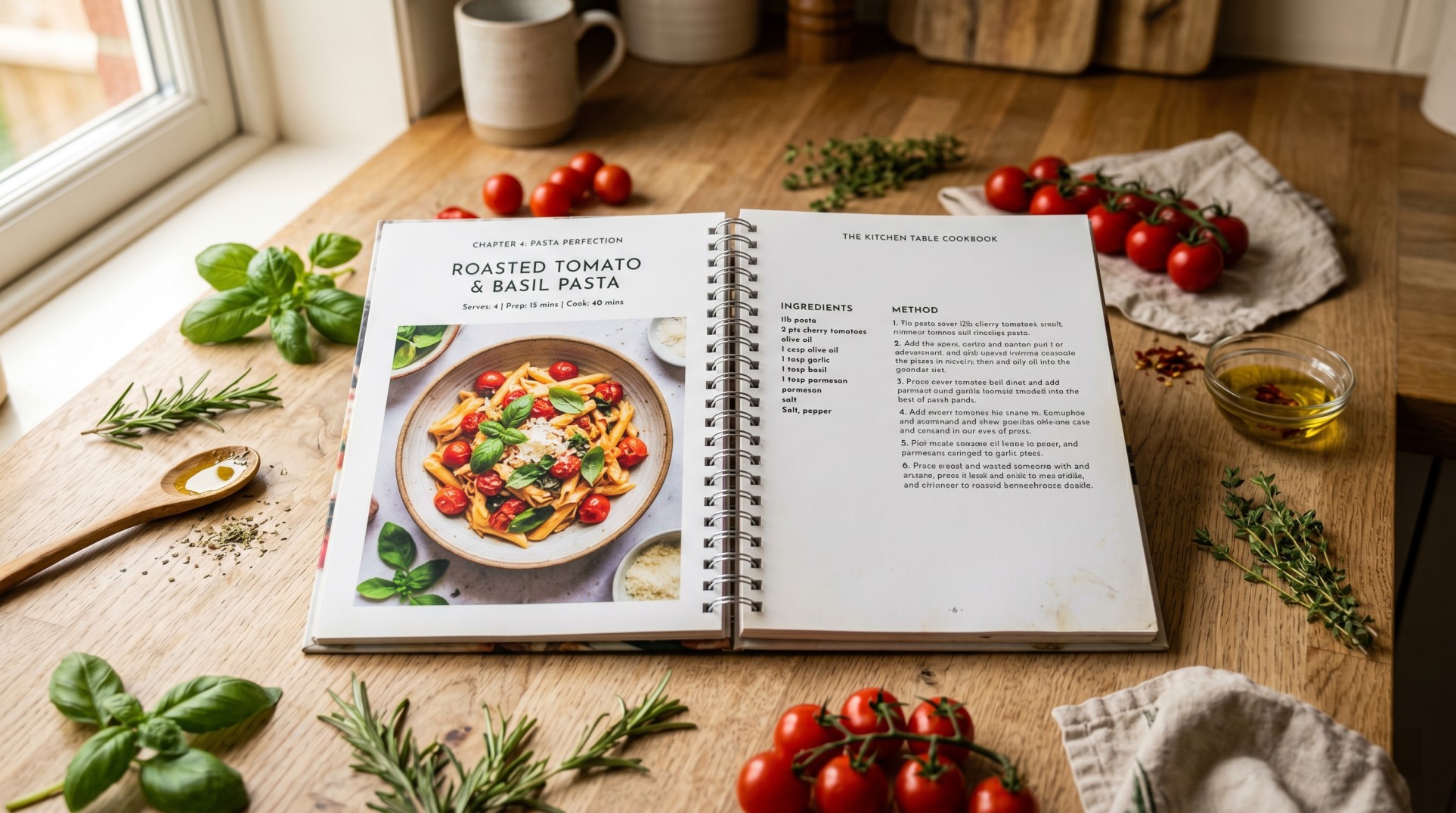 Open spiral bound cookbook on a wooden kitchen counter with a roasted tomato pasta recipe, surrounded by fresh herbs, tomatoes, and olive oil