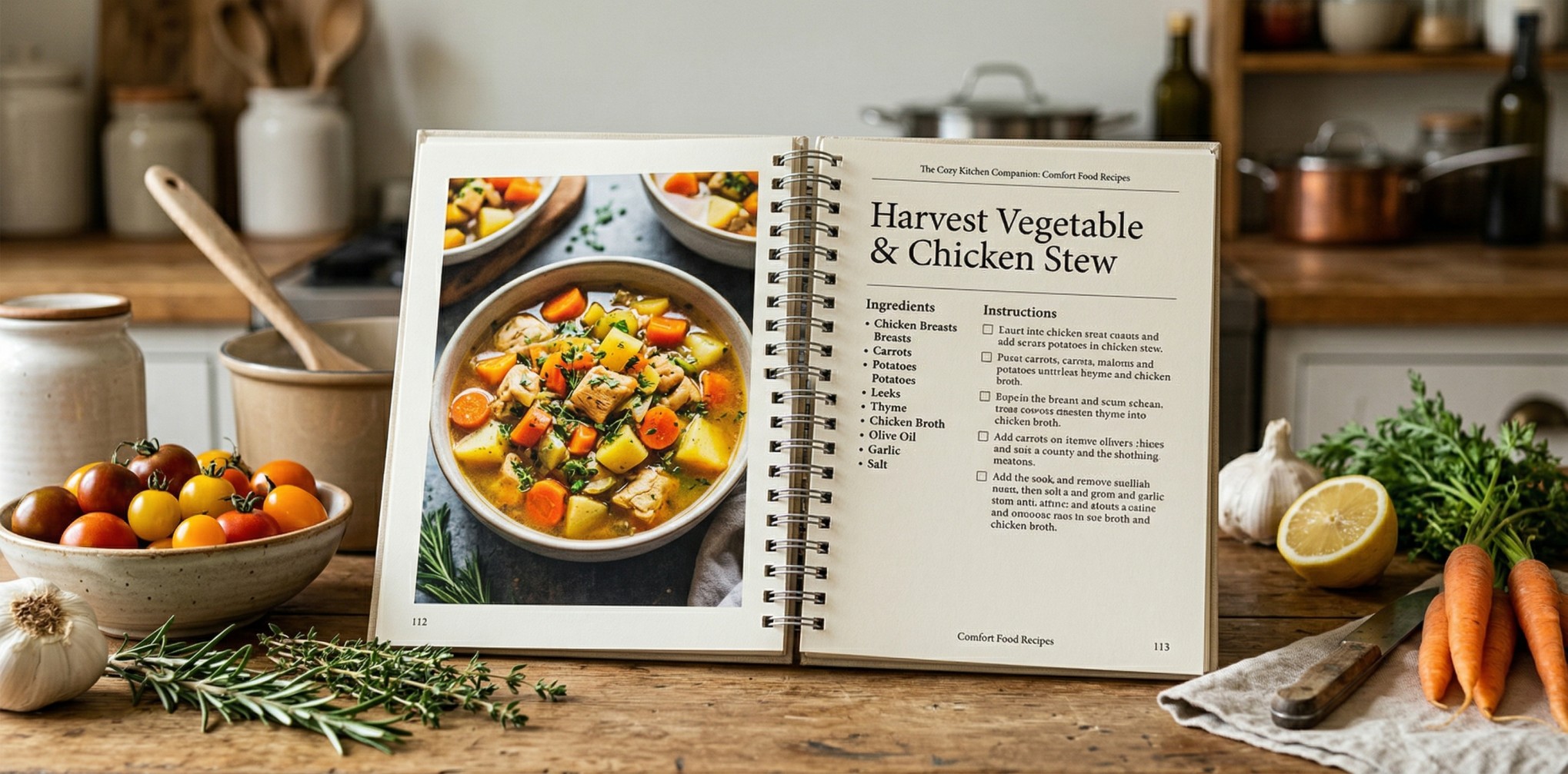 Spiral-bound cookbook open on a kitchen counter with fresh ingredients