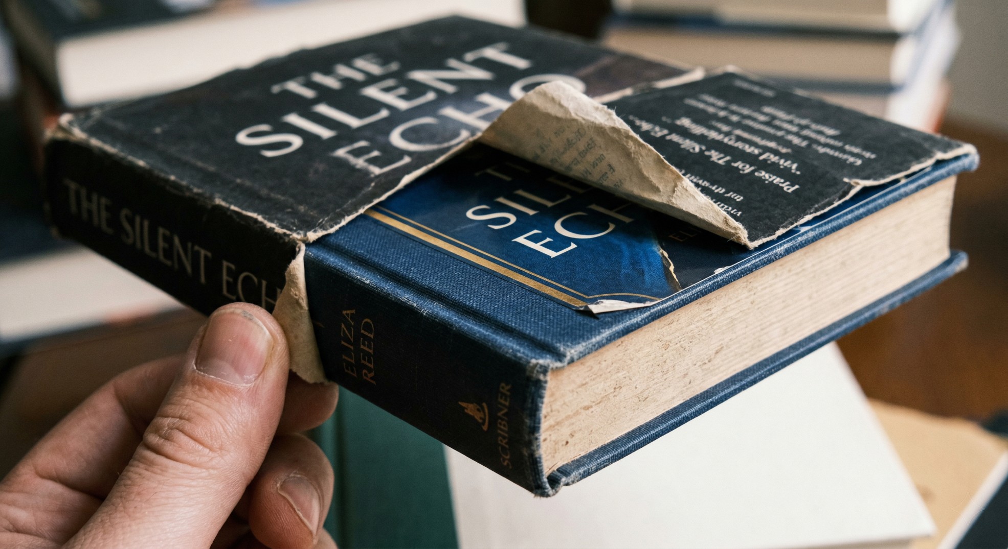 Close-up of a hardcover book with the dust jacket partially pulled away revealing the laminated case cover and spine underneath