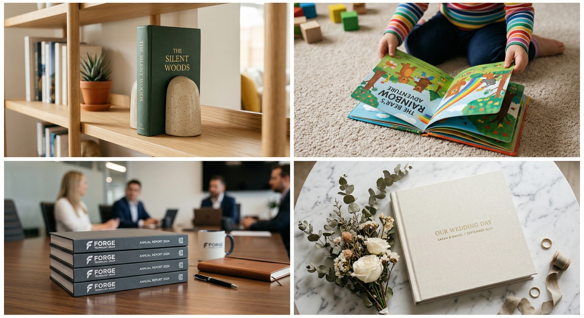Hardcover books in use - a novel on a bookshelf, a children's picture book, corporate brand books on a conference table, and a linen wedding photo album