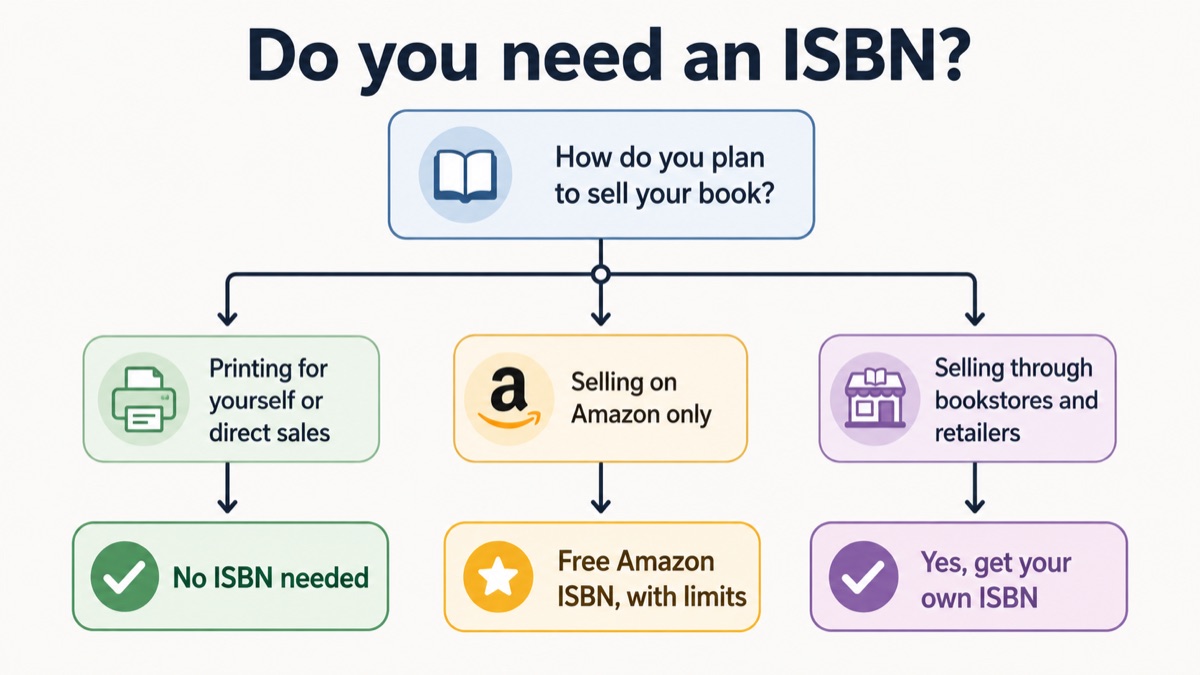 Decision flow showing when you need an ISBN based on how you plan to sell your book