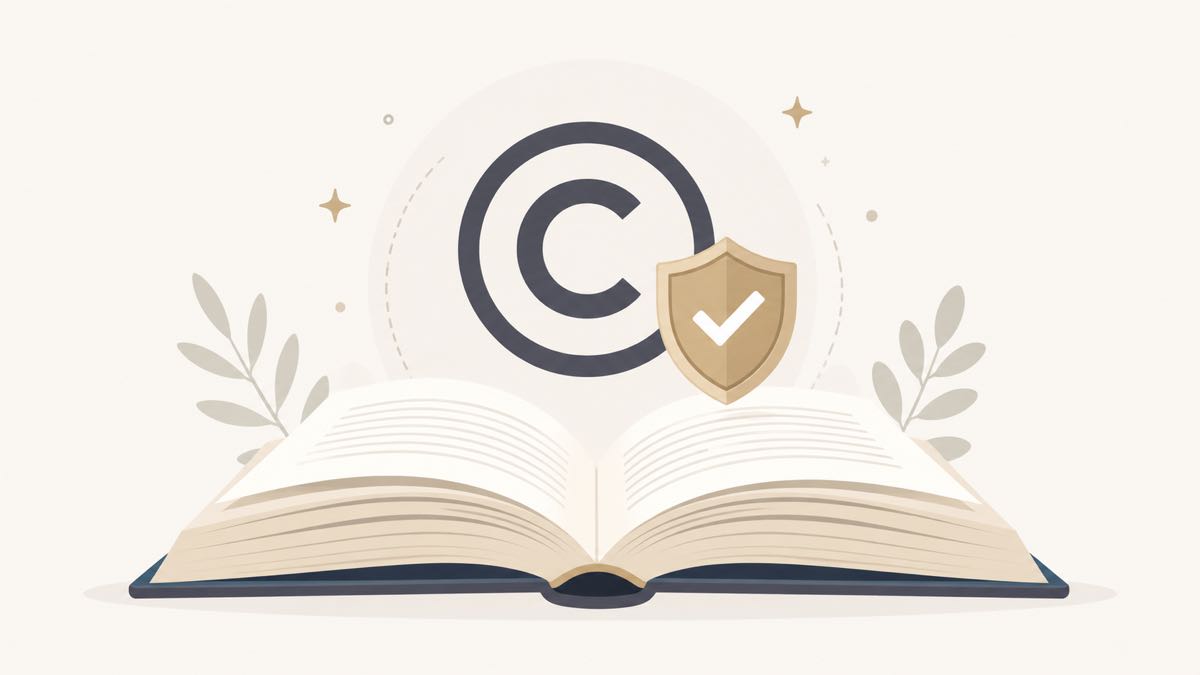 Open book with a copyright symbol and a small shield above it, suggesting protection and ownership