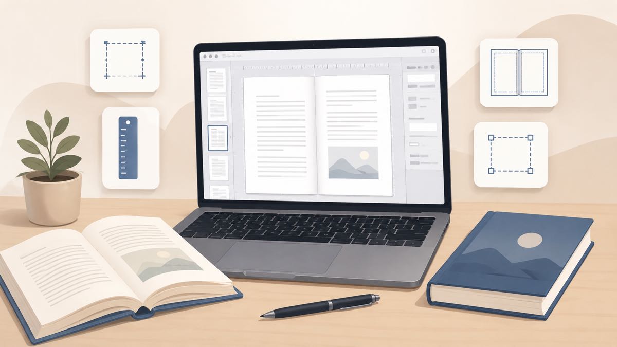 Laptop showing a book document next to a printed book, with margin and ruler icons for formatting in Microsoft Word