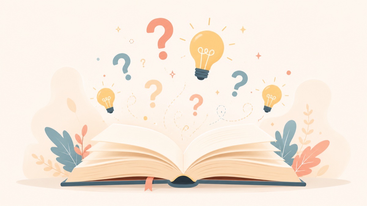 Open book with question marks and lightbulbs floating above it, suggesting answers and guidance