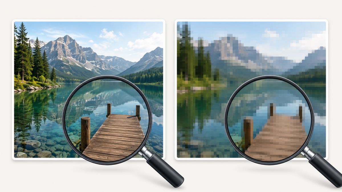A sharp high-resolution photo next to a blurry pixelated version of the same image, with a magnifying glass