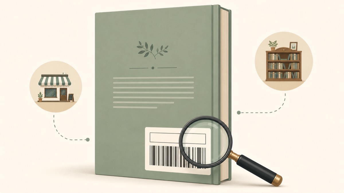 Book back cover showing a barcode and ISBN area, with icons suggesting bookstores and libraries