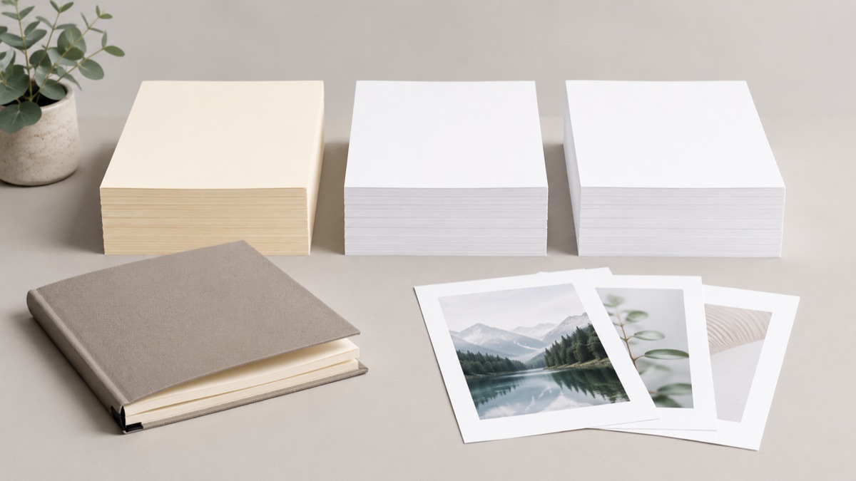 Three stacks of book paper, one cream-toned and two bright white, beside a book and printed pages
