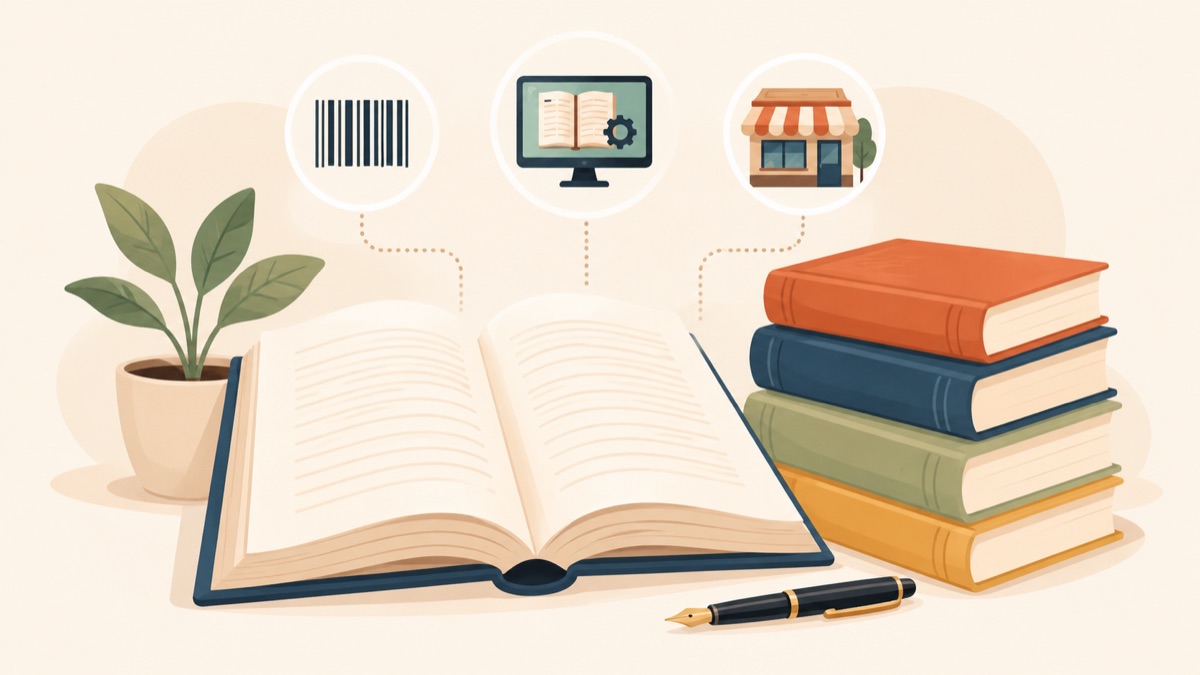 Open book, a stack of printed books, a pen, and small icons suggesting an ISBN barcode and a bookstore