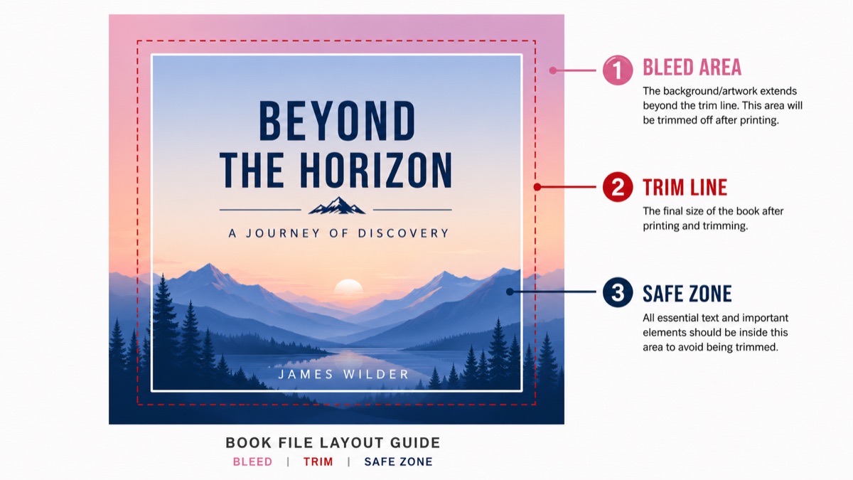 Book file layout guide showing the bleed area, trim line, and safe zone on a book cover
