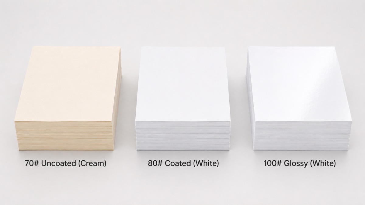 The three interior paper options: 70 pound uncoated cream, 80 pound coated white, and 100 pound glossy white