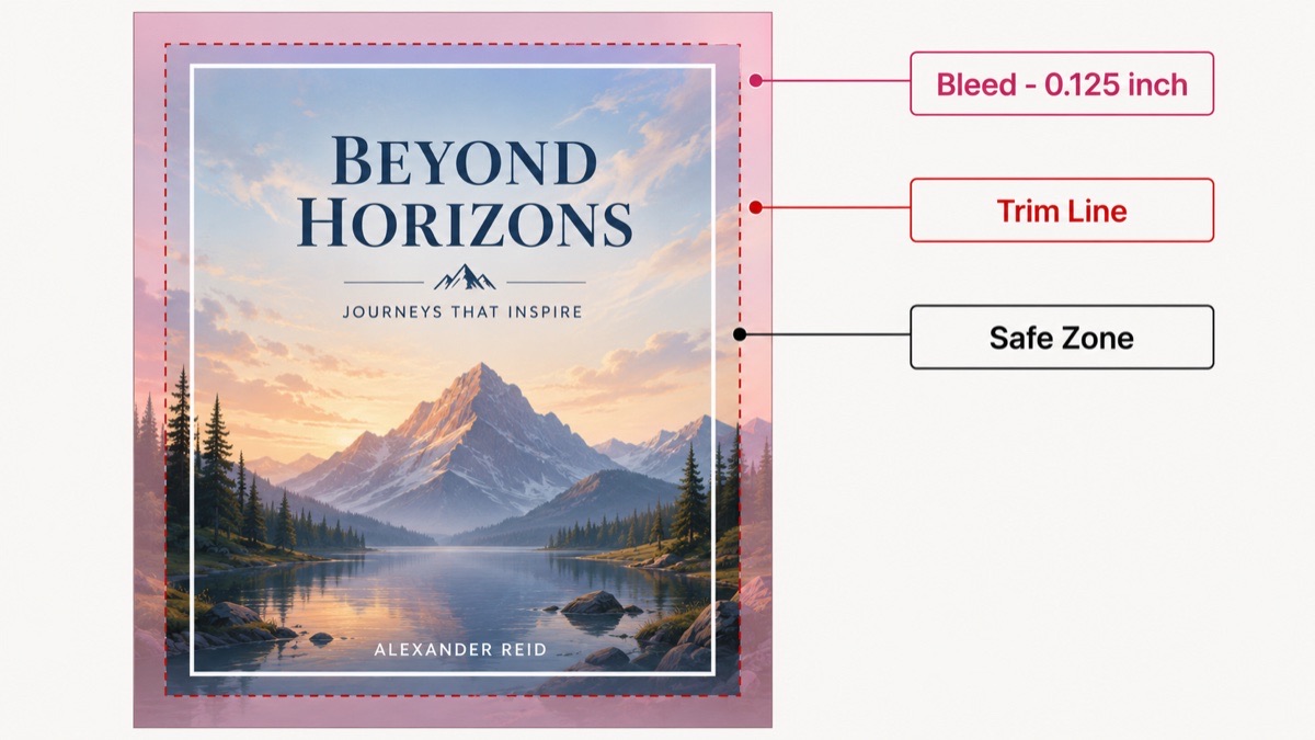 Diagram showing bleed, trim line, and safe zone on a book cover file
