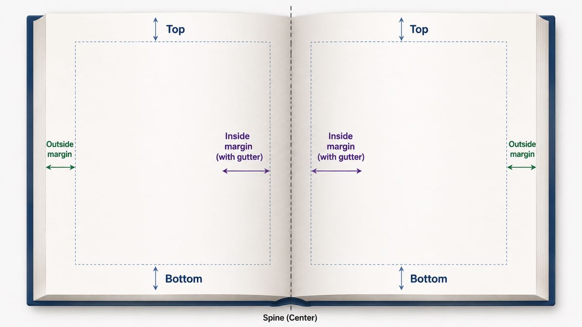Diagram of mirror margins on facing book pages showing inside, outside, and gutter