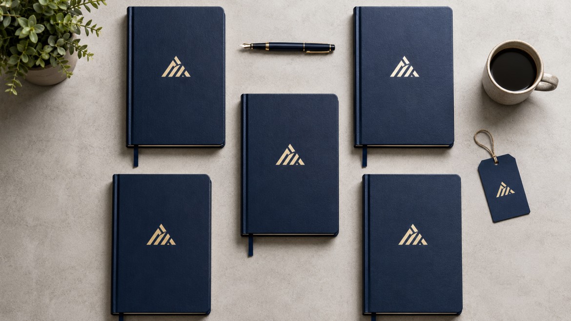 Flat lay of five deep-navy corporate custom journals with foil-stamped logos, a fountain pen, a coffee cup, and a branded gift tag