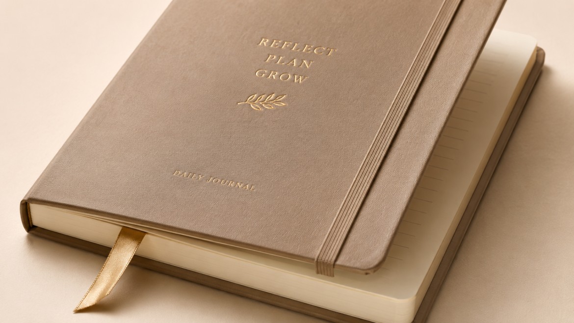 Close-up of a foil-stamped hardcover journal with a satin ribbon bookmark and an elastic band closure in cream and gold tones