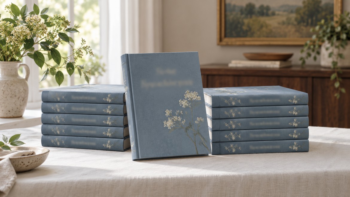 Two stacks of identical matte hardcover memorial books with one copy standing in front, one for each member of a family, on a linen covered table