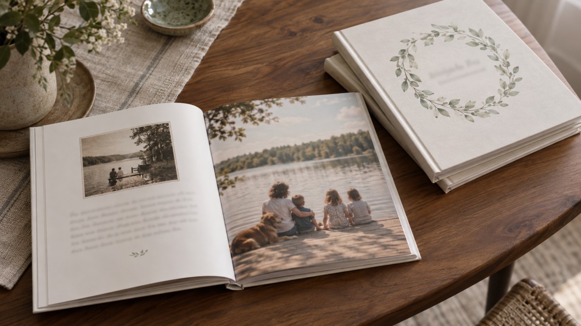 Open hardcover memorial book on a wooden table, showing a two page spread with a full page vintage family photograph on the right and a dedication page on the left, with two closed matching copies beside it