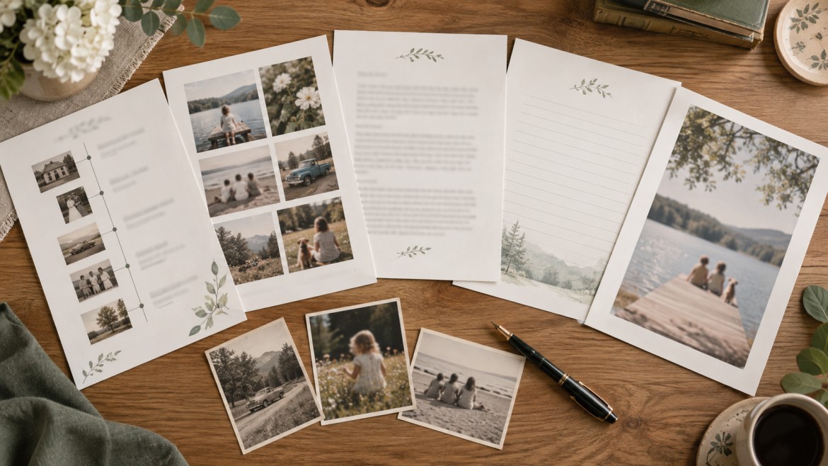 Overhead view of loose memorial book pages laid out on a table: a life timeline page, a photo collage page, a page of typed letters, and a lined memory page, with a few vintage prints beside them
