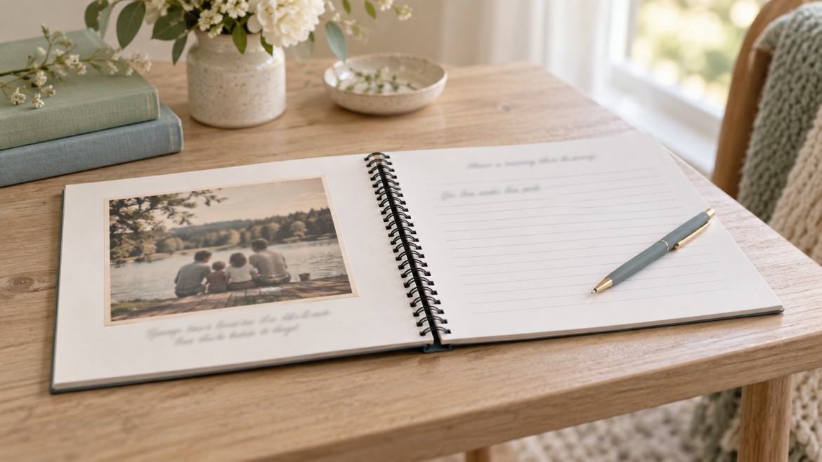 Spiral bound memorial guest book lying flat on a table, open to a photo page on the left and a lined page for guests to write on the right, with a pen resting on the page