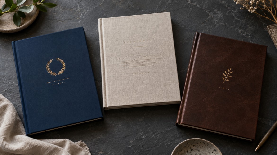 Flat lay of premium memorial book covers: gold foil stamped matte hardcover, natural linen cover, and dark faux leather cover