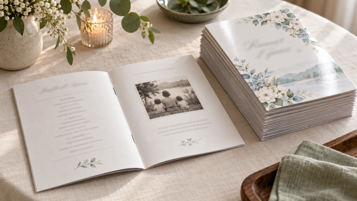 Saddle stitched 5.5 by 8.5 inch memorial service booklet lying open to show the stapled spine, next to a small stack of closed booklets