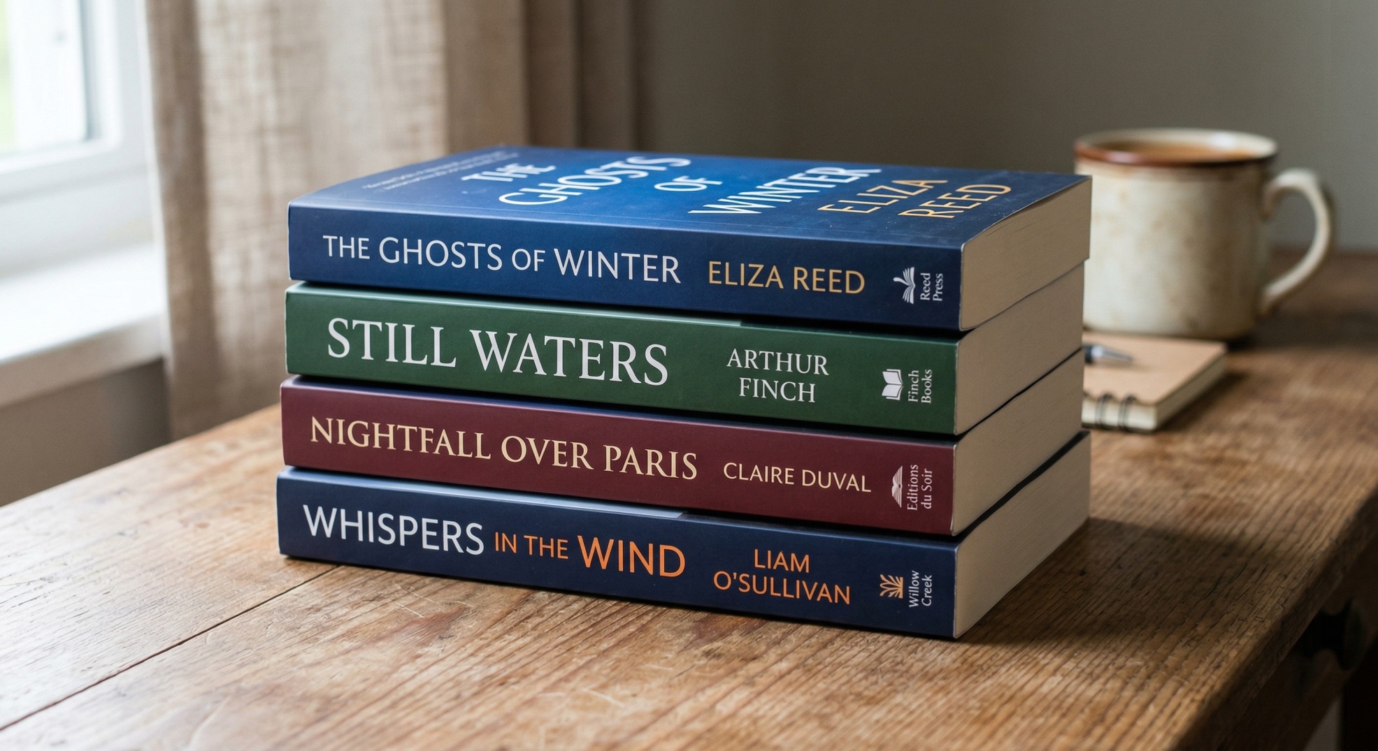 Stack of perfect bound paperback novels showing clean flat glued spines with printed titles on a wooden desk