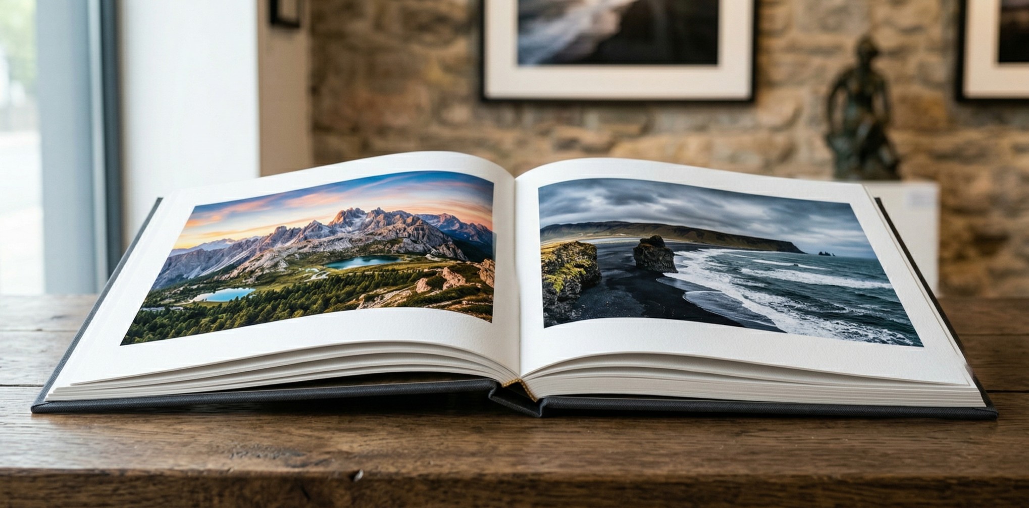Luxurious photo book open showing vivid landscape photographs