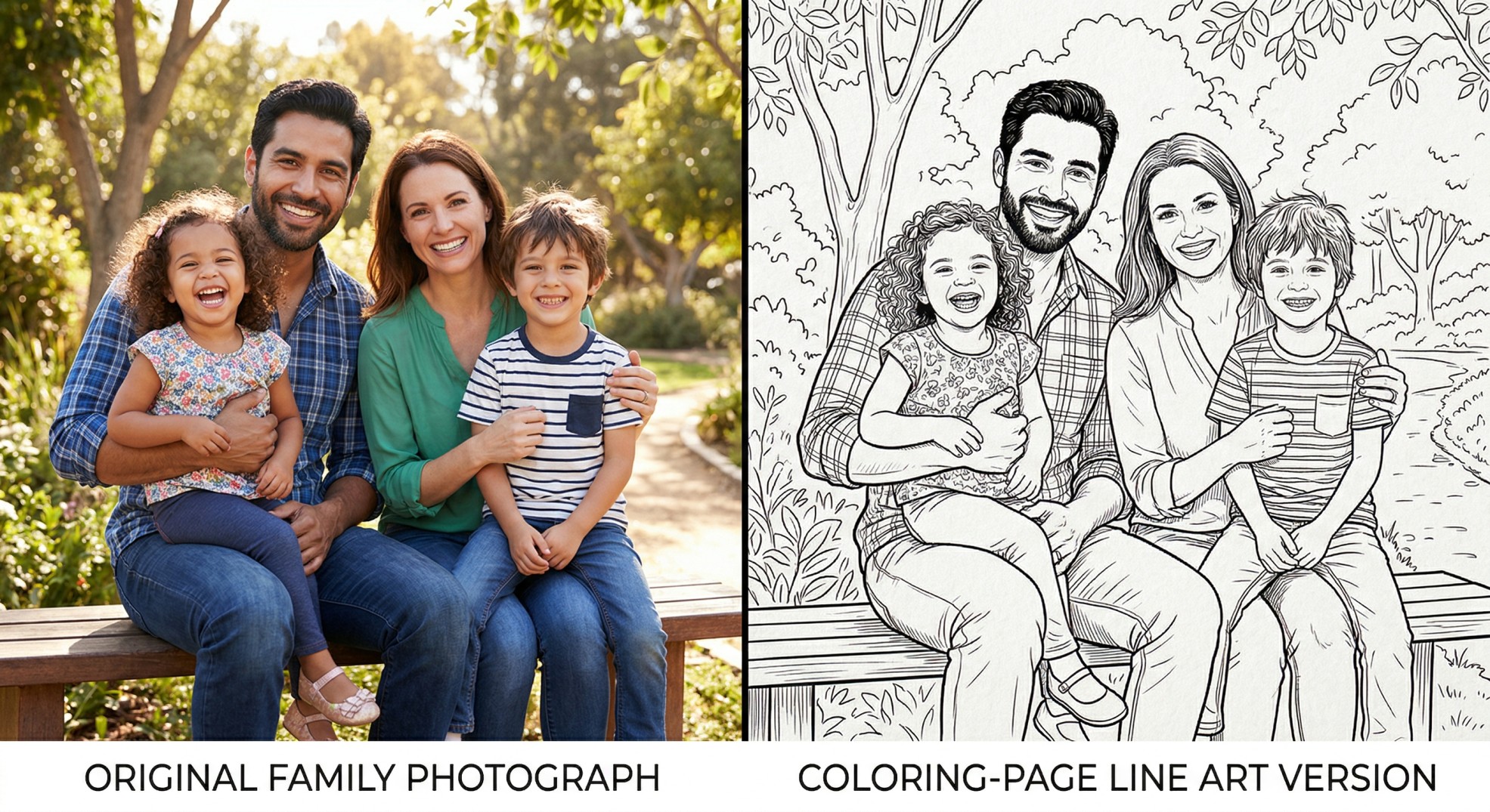 Split-screen comparison of a family photograph and its converted coloring-page line-art version