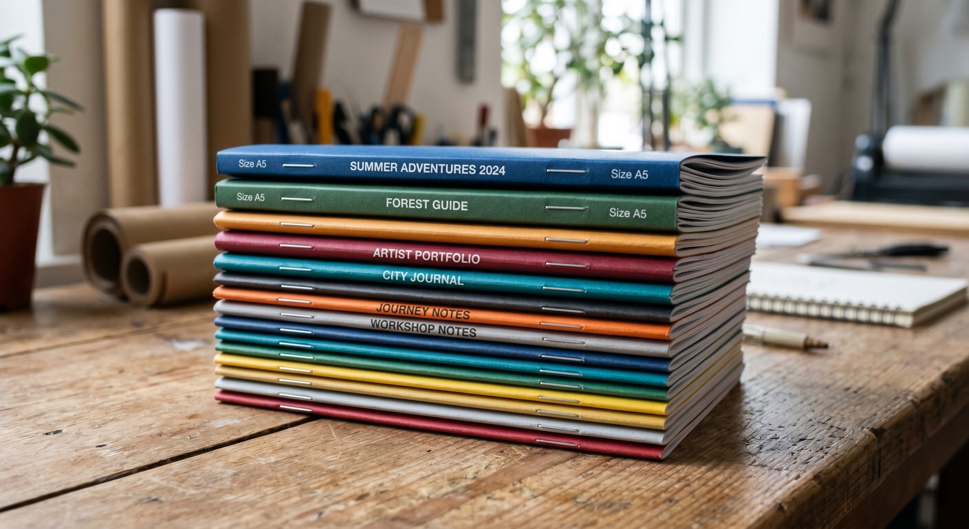 Stack of custom saddle stitch booklets in various cover colors showing stapled spines on a wooden desk