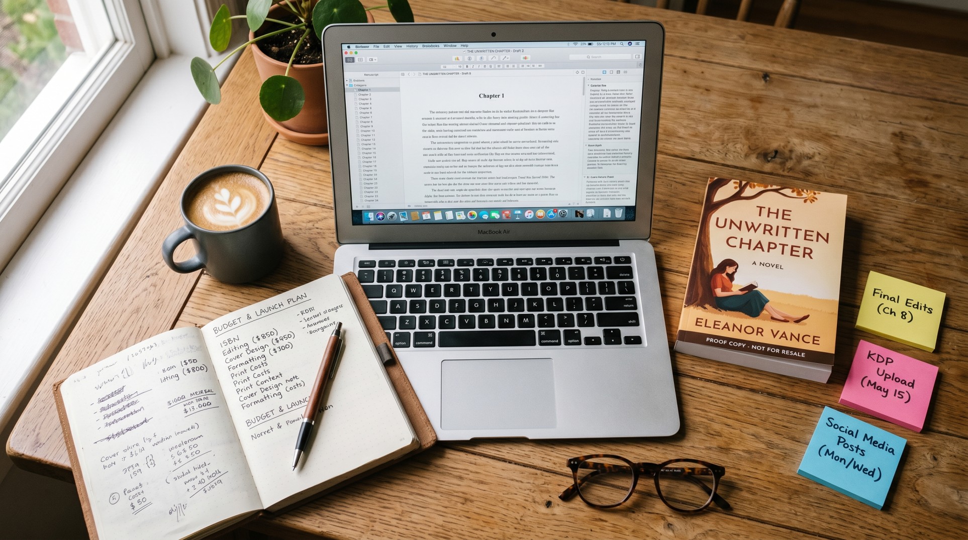 Self-publishing workspace with a laptop showing a manuscript, a paperback proof copy, a coffee cup, a budget notebook, reading glasses, and sticky notes on a wooden desk