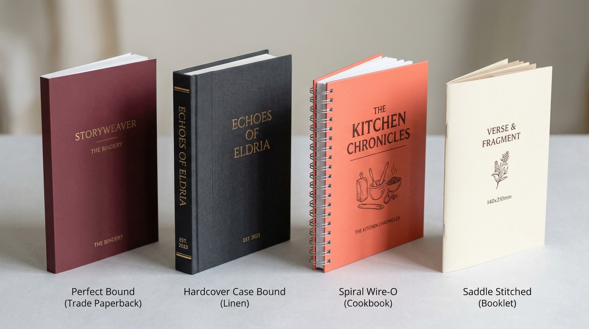 Four book binding types side by side - perfect bound trade paperback, hardcover case bound, spiral Wire-O cookbook, and saddle stitched booklet