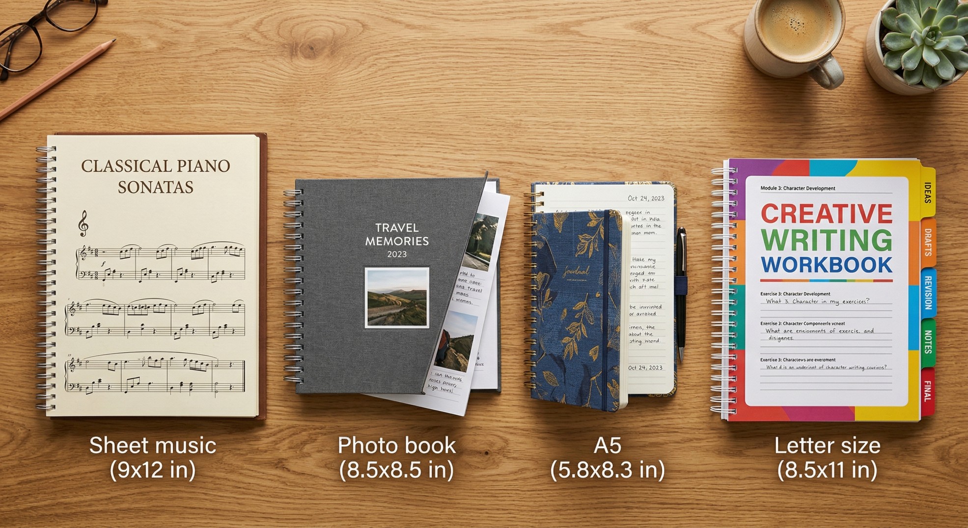 Four spiral bound book formats arranged in a row - sheet music book, square photo book, A5 journal, and letter-size workbook with colorful tabs